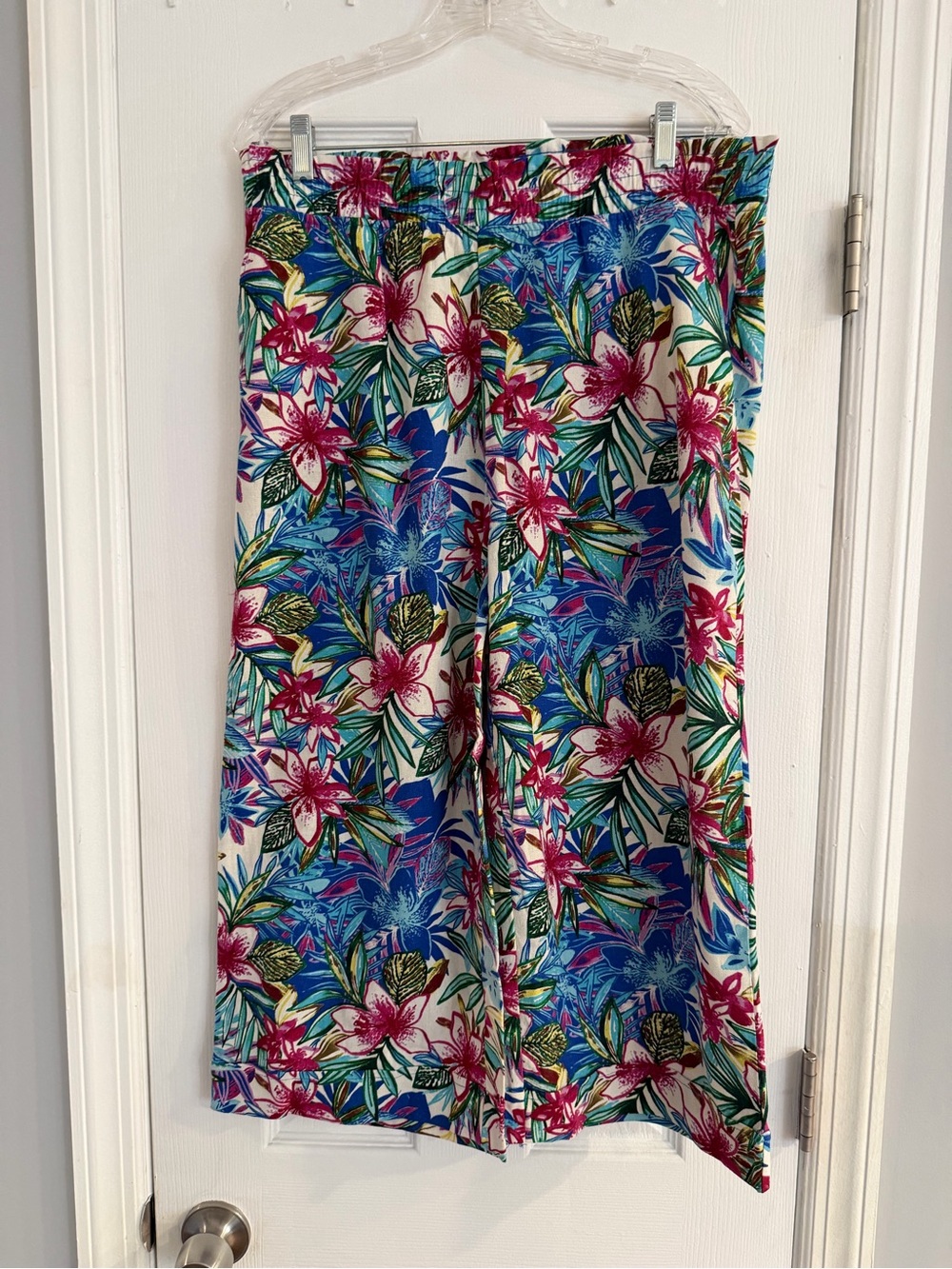 Caribbean Joe Linen Rayon Tropical Floral Wide Leg Crop Pants Size L